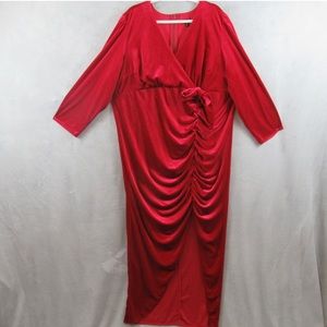 Torrid Womens Dress Plus Size 26 Red Maxi Velour V Neck Long Sleeve Ruched Slit